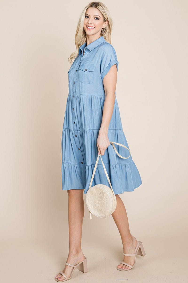 Button Down Collared Tiered Chambray Shirt Dress, S-3X