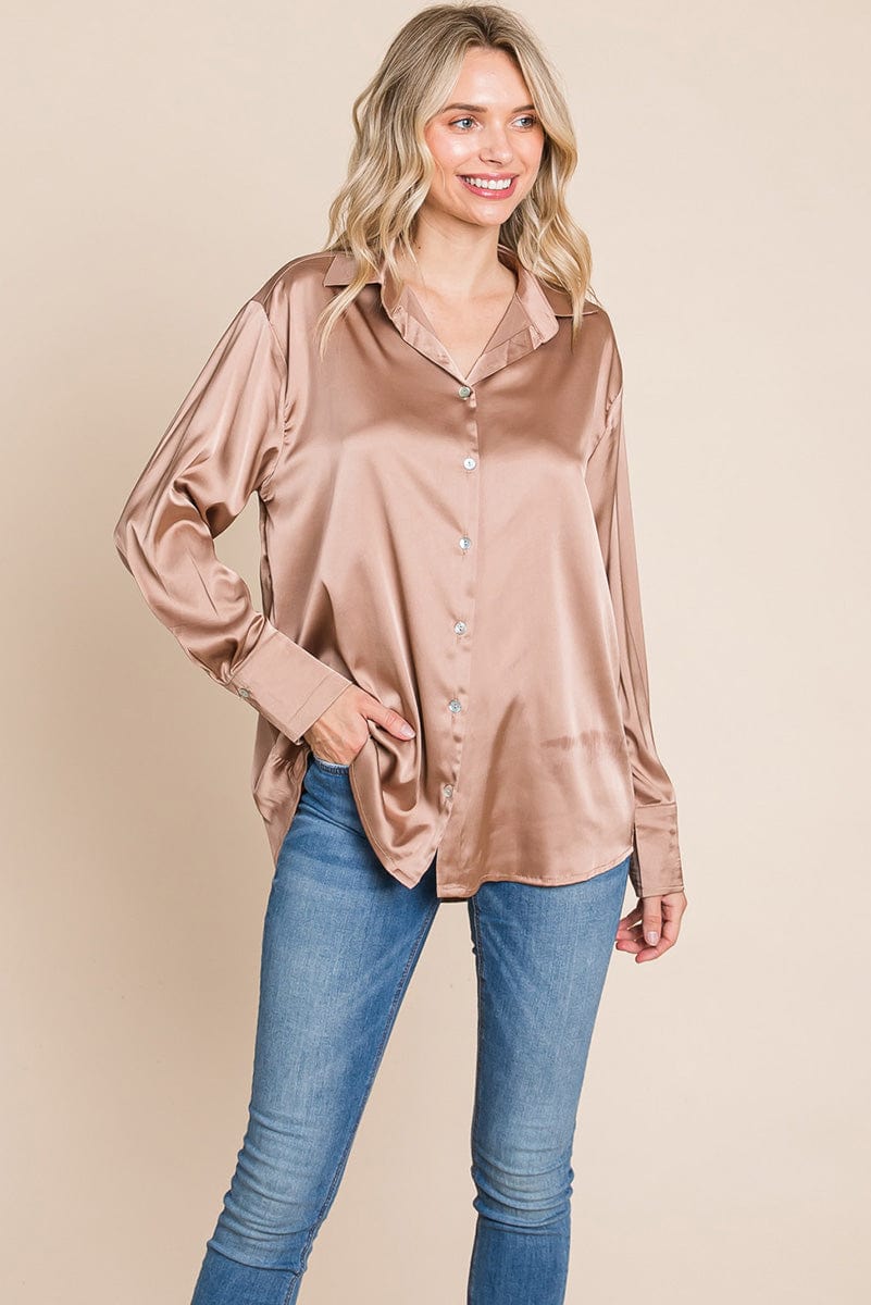 Collared Satin Button Down Blouse Shirts