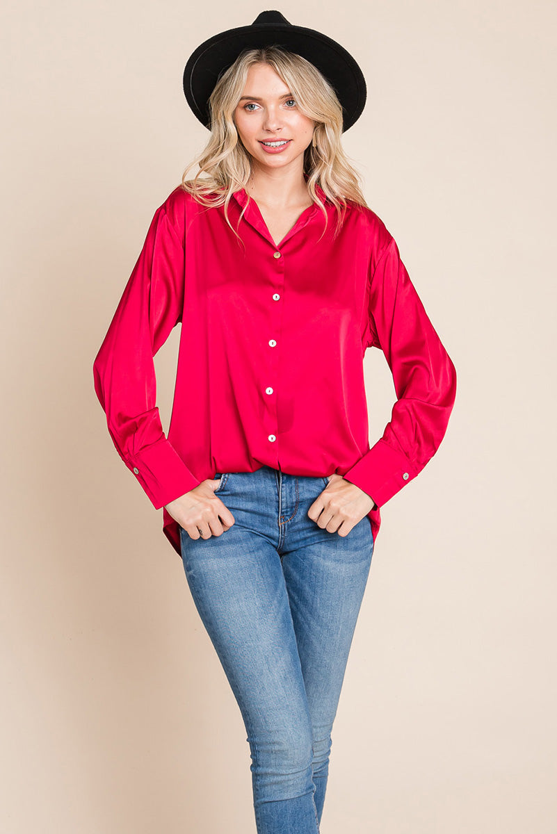 Collared Satin Button Down Blouse Shirts