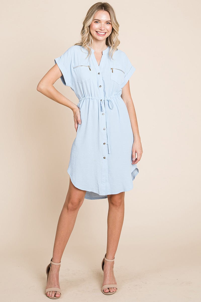 Button up Tie Waist V neck Shirt Dress