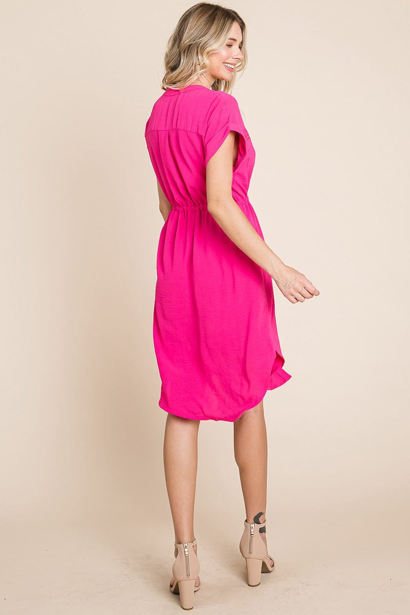 Button up Tie Waist V neck Shirt Dress