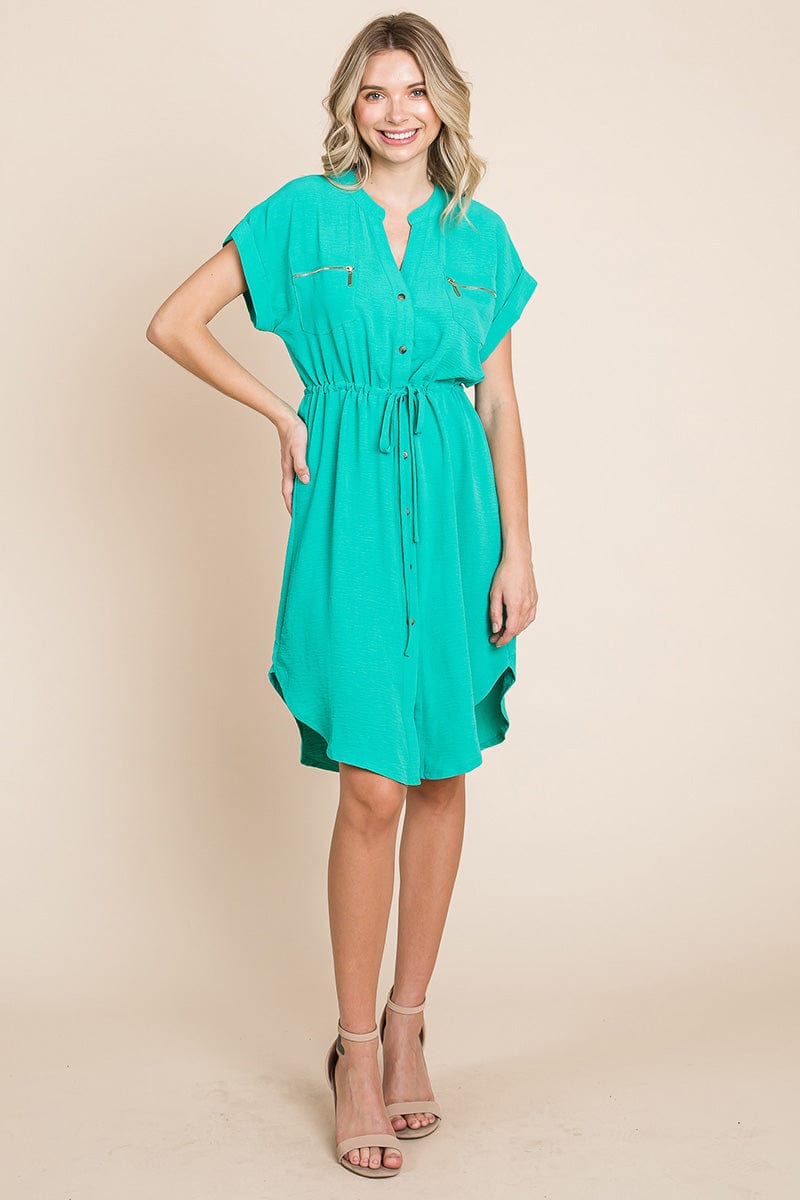 Button up Tie Waist V neck Shirt Dress