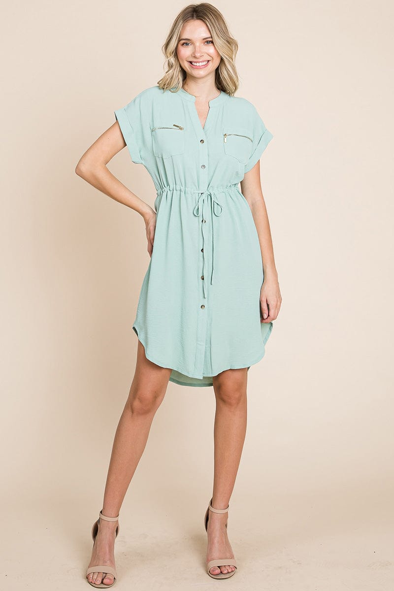 Button up Tie Waist V neck Shirt Dress