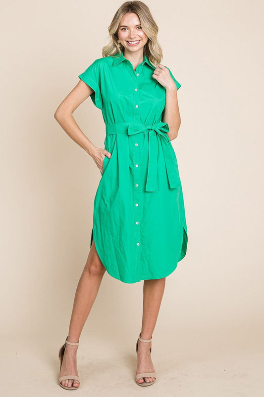 Button up Tie Waist Poplin Pocketed Shirt Dress