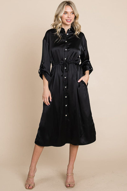 Collared Satin Tied Waist Midi Shirt Dress