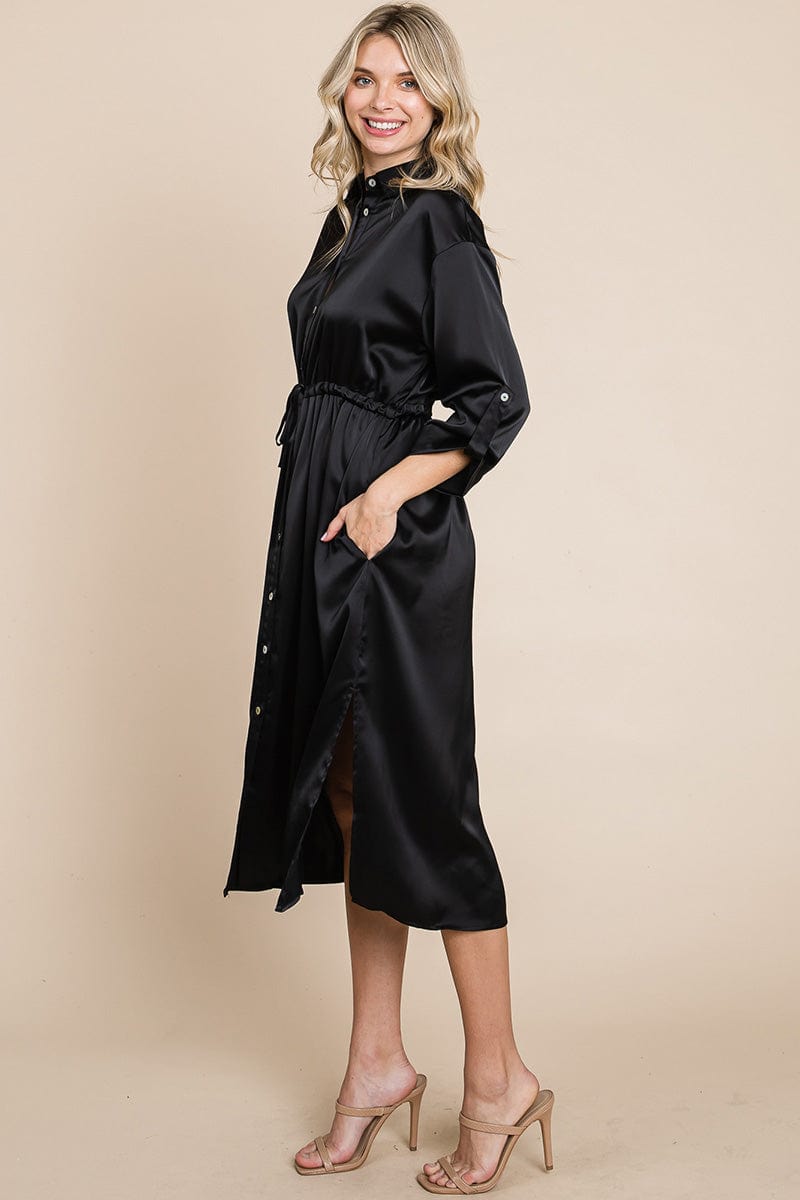 Collared Satin Tied Waist Midi Shirt Dress