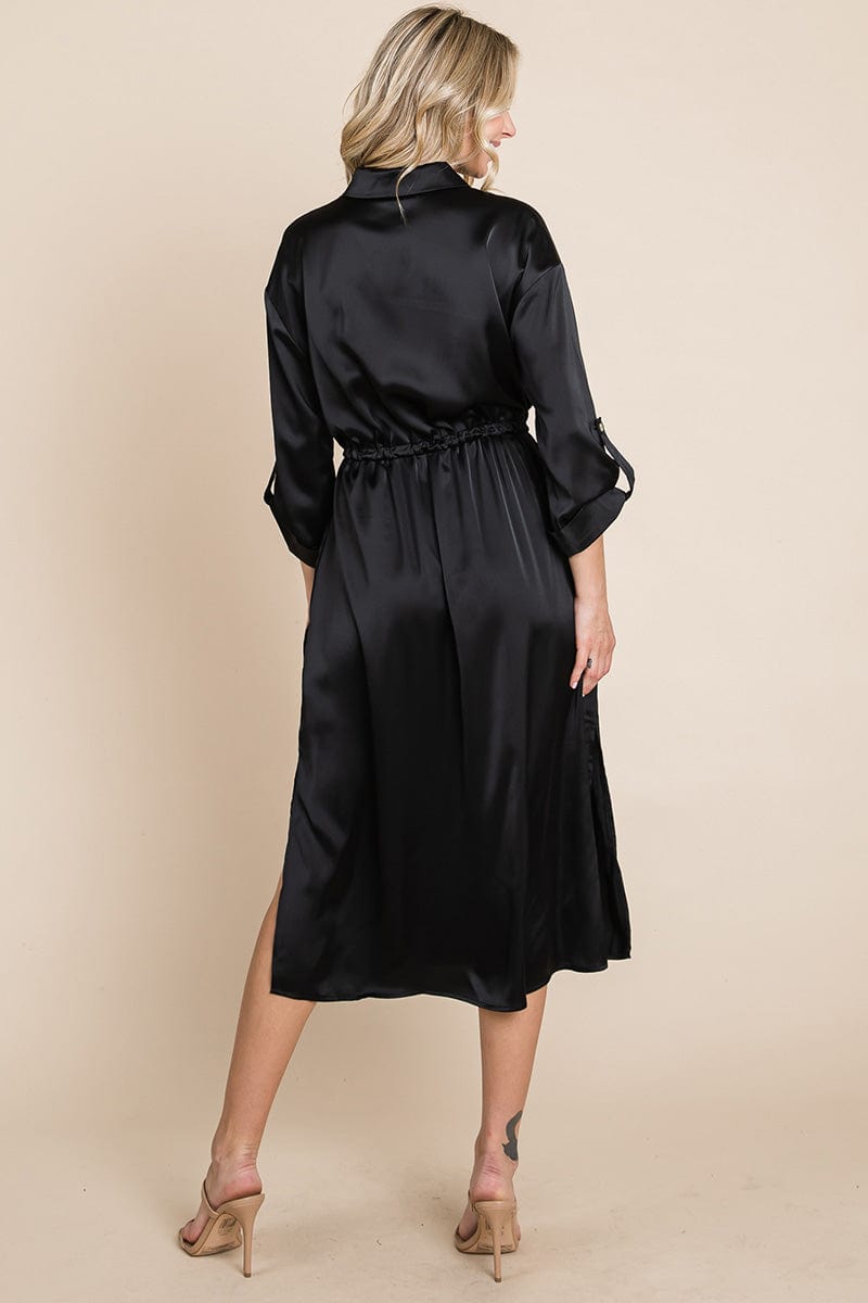 Collared Satin Tied Waist Midi Shirt Dress