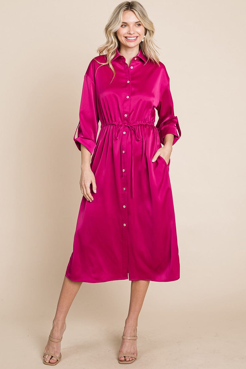 Collared Satin Tied Waist Midi Shirt Dress