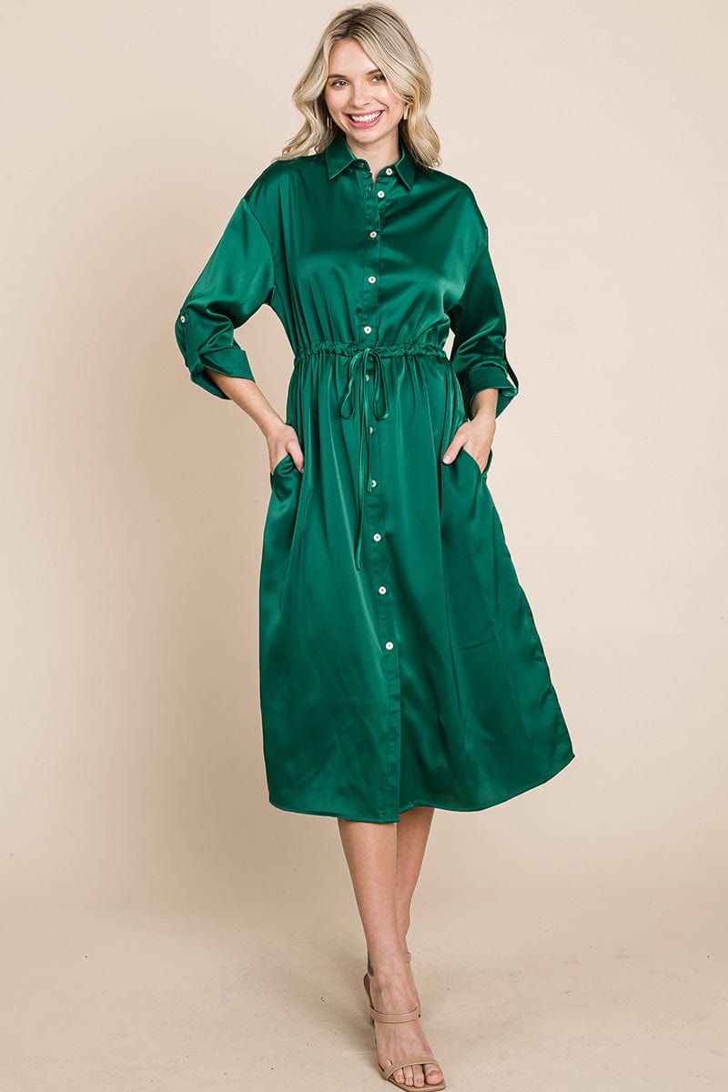 Collared Satin Tied Waist Midi Shirt Dress