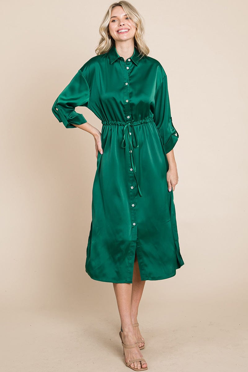 Collared Satin Tied Waist Midi Shirt Dress