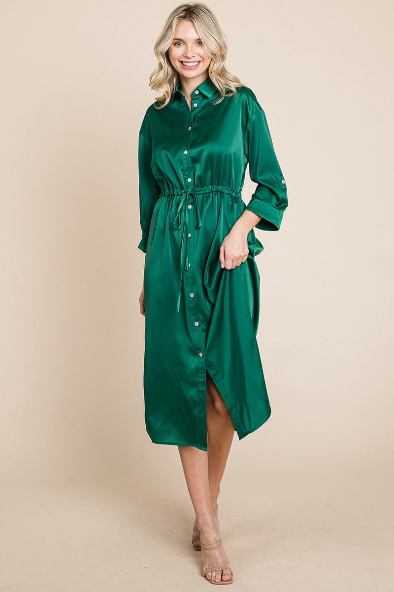 Collared Satin Tied Waist Midi Shirt Dress