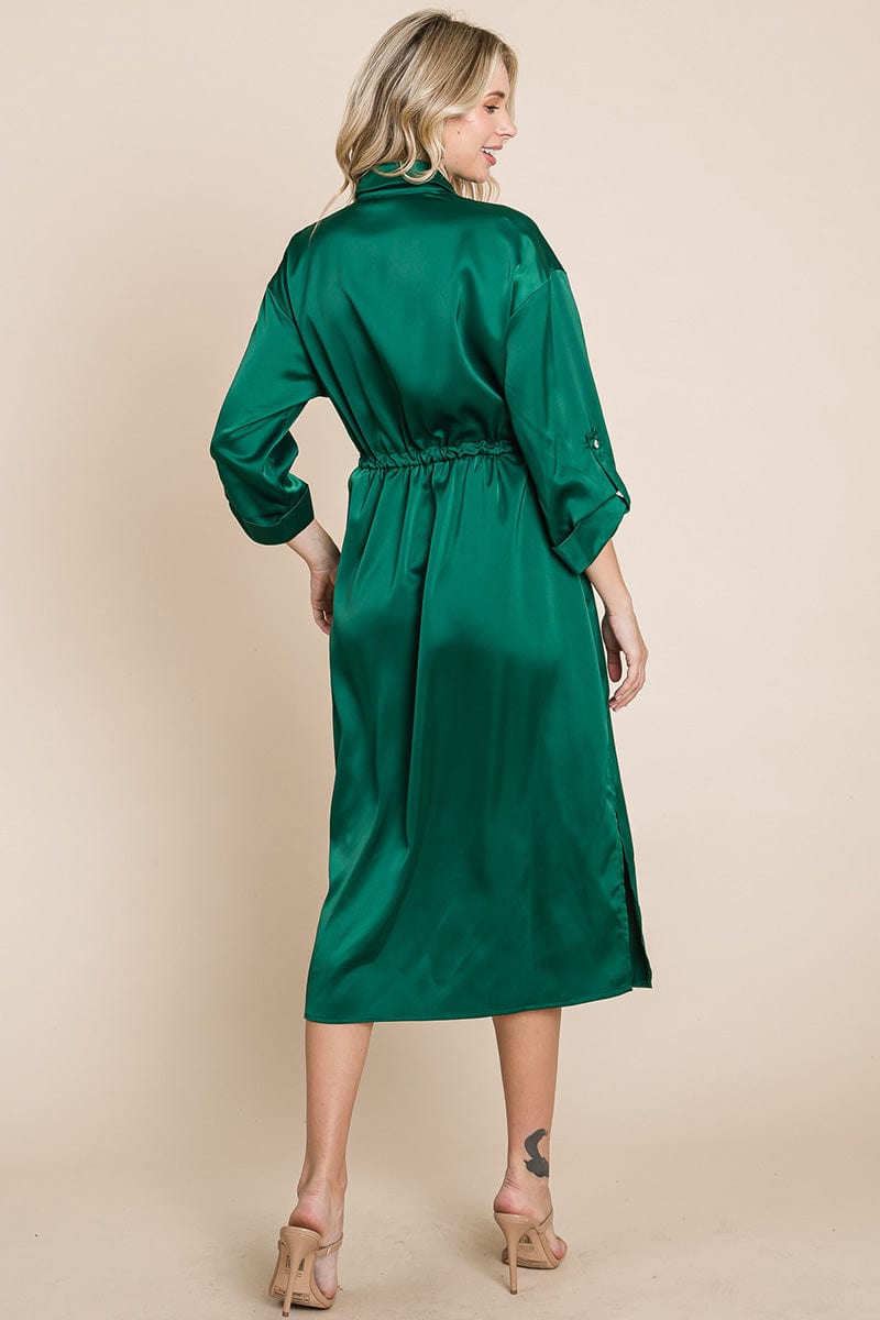 Collared Satin Tied Waist Midi Shirt Dress