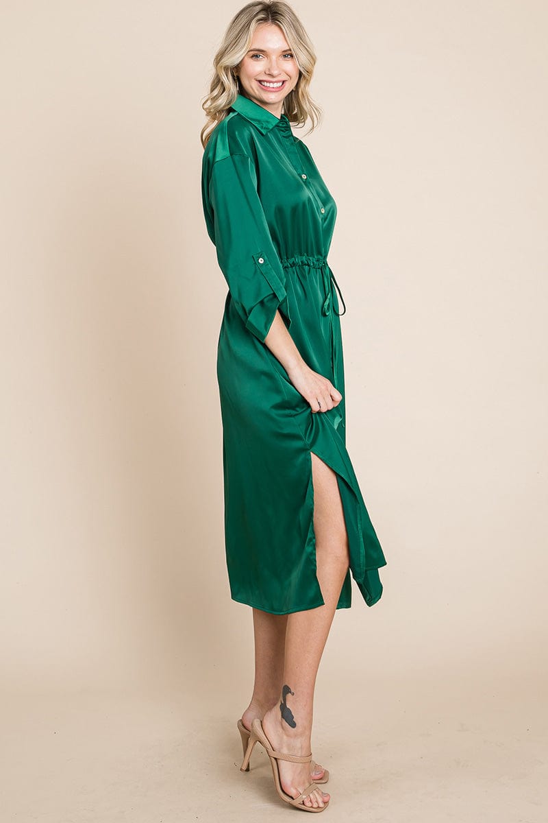 Collared Satin Tied Waist Midi Shirt Dress