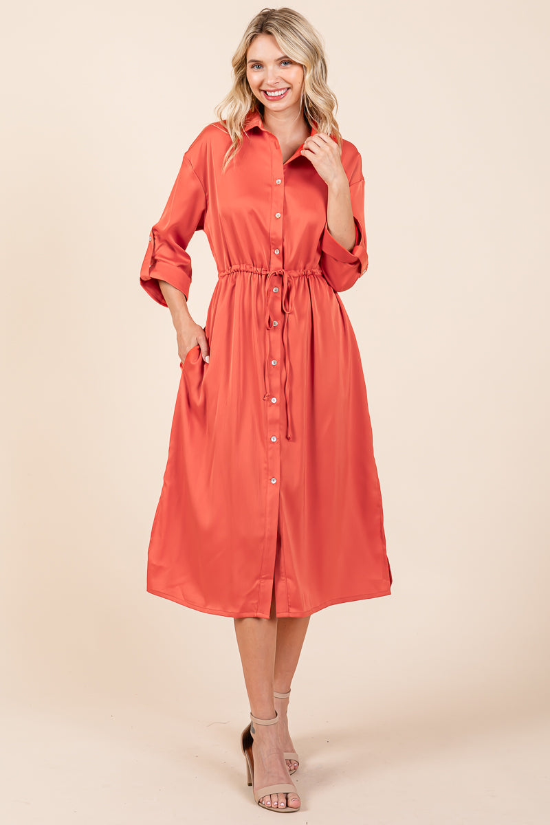 Collared Satin Tied Waist Midi Shirt Dress