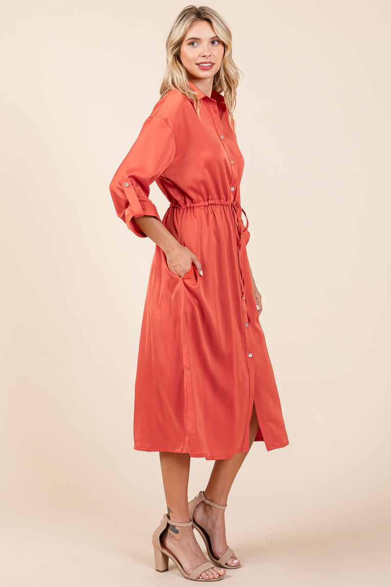 Collared Satin Tied Waist Midi Shirt Dress