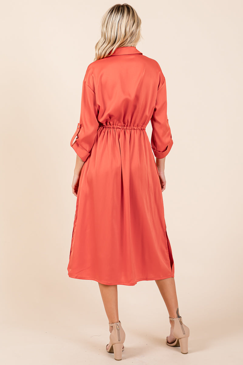 Collared Satin Tied Waist Midi Shirt Dress