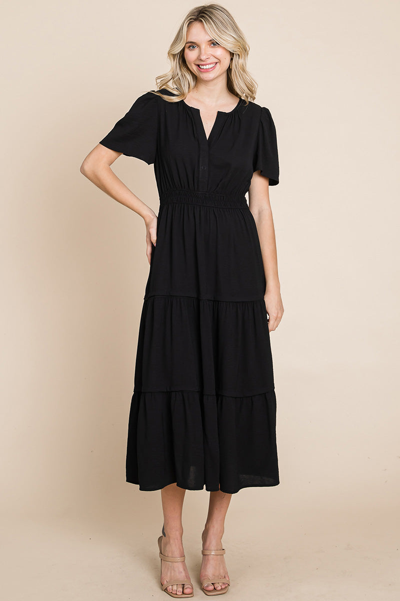 V neck Short Sleeve Layered Maxi Dress