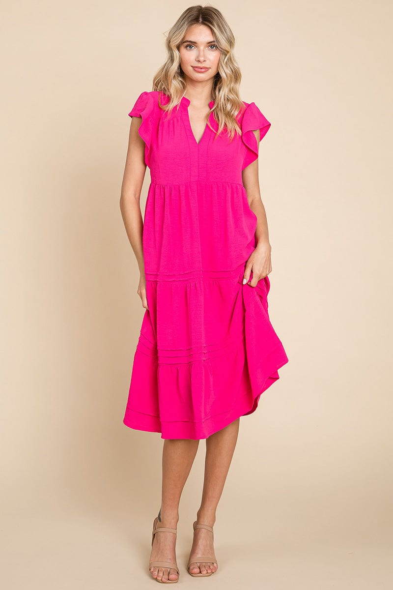 V Neck Tiered Flutter Sleeve Pleated Midi Dress, S-3X