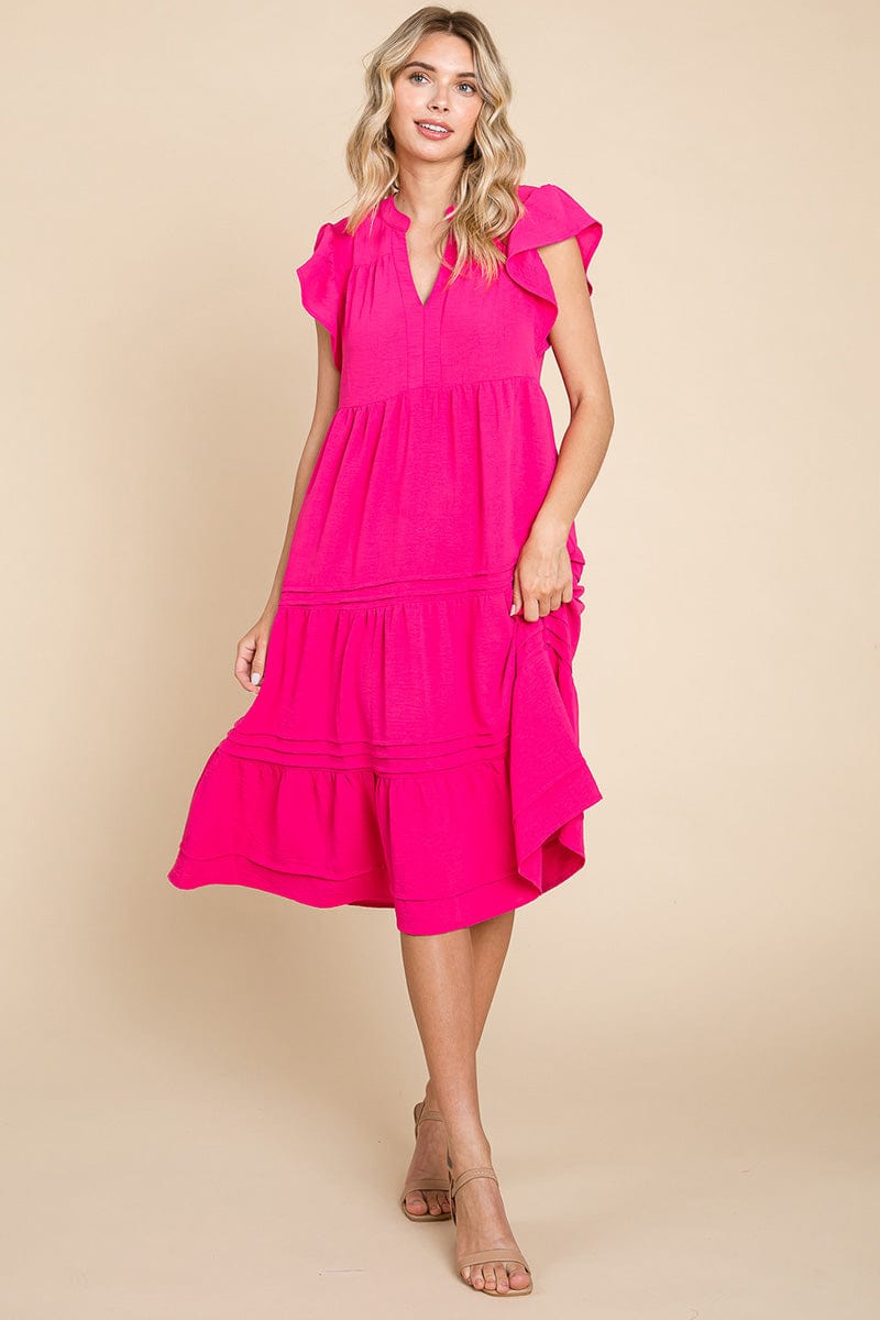 V Neck Tiered Flutter Sleeve Pleated Midi Dress, S-3X