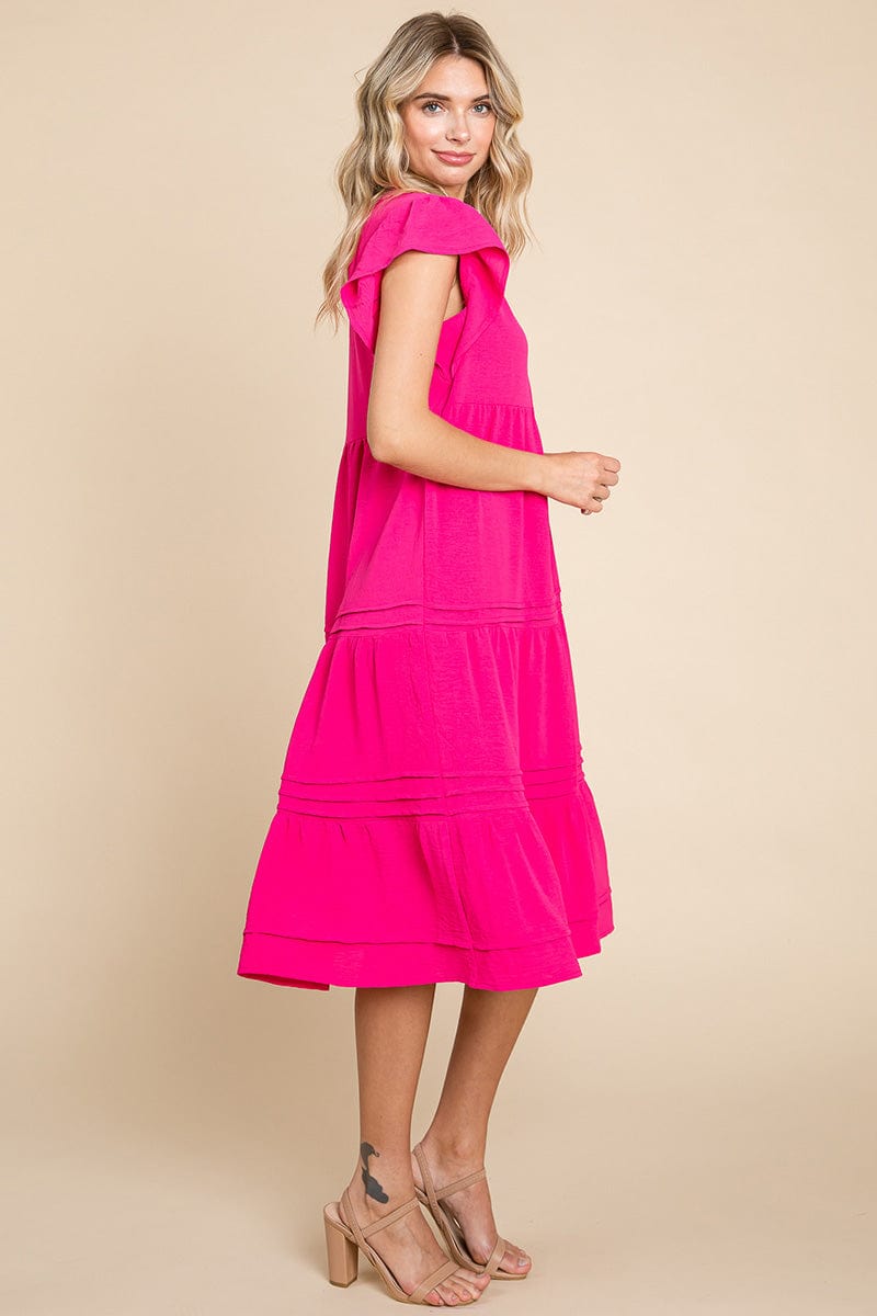 V Neck Tiered Flutter Sleeve Pleated Midi Dress, S-3X