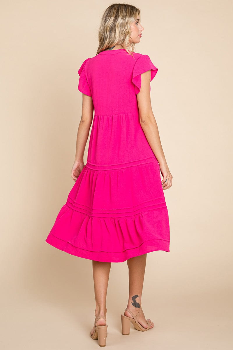 V Neck Tiered Flutter Sleeve Pleated Midi Dress, S-3X