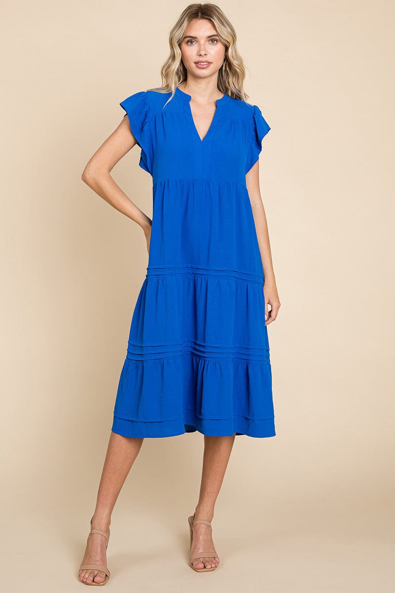 V Neck Tiered Flutter Sleeve Pleated Midi Dress, S-3X