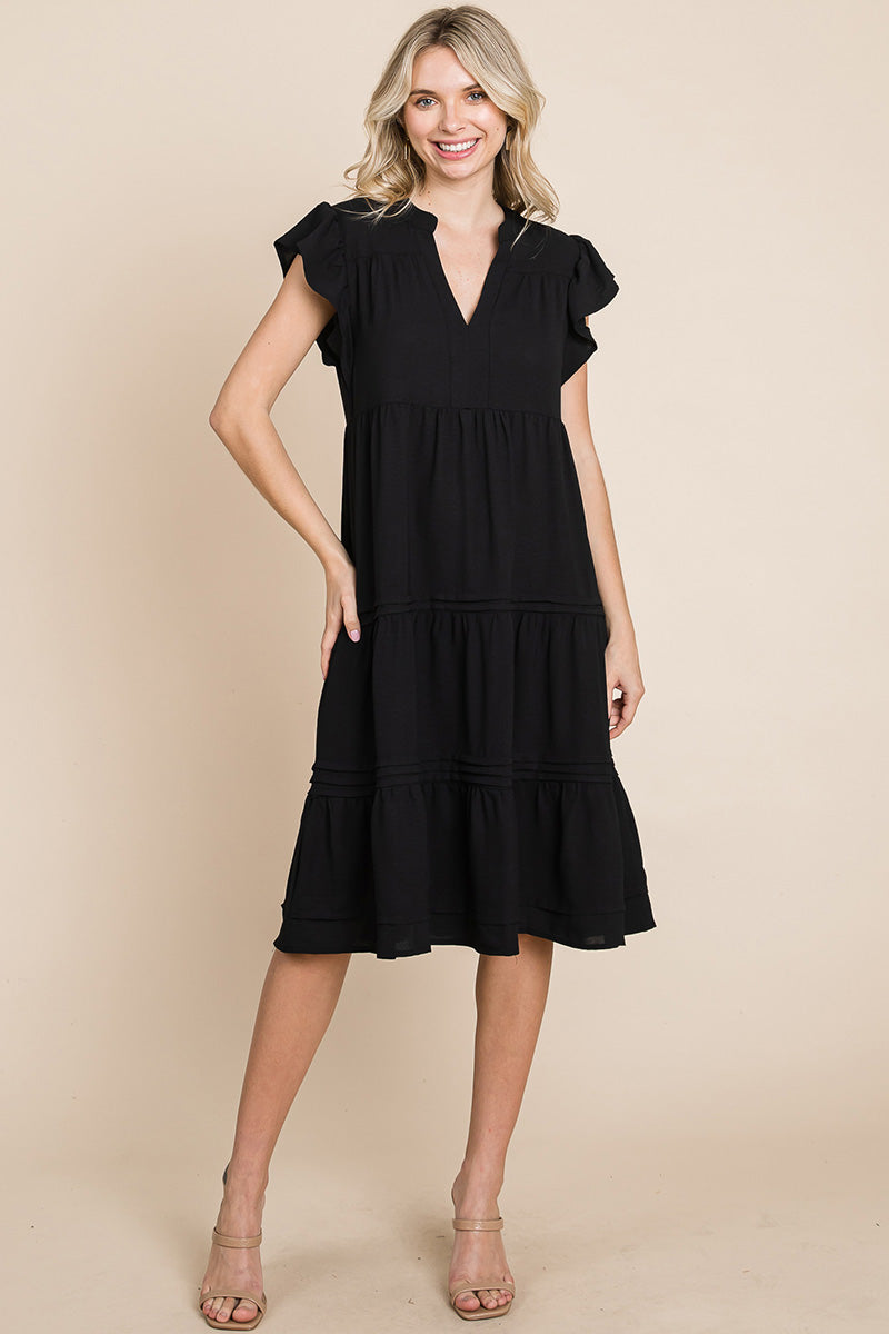 V Neck Tiered Flutter Sleeve Pleated Midi Dress, S-3X