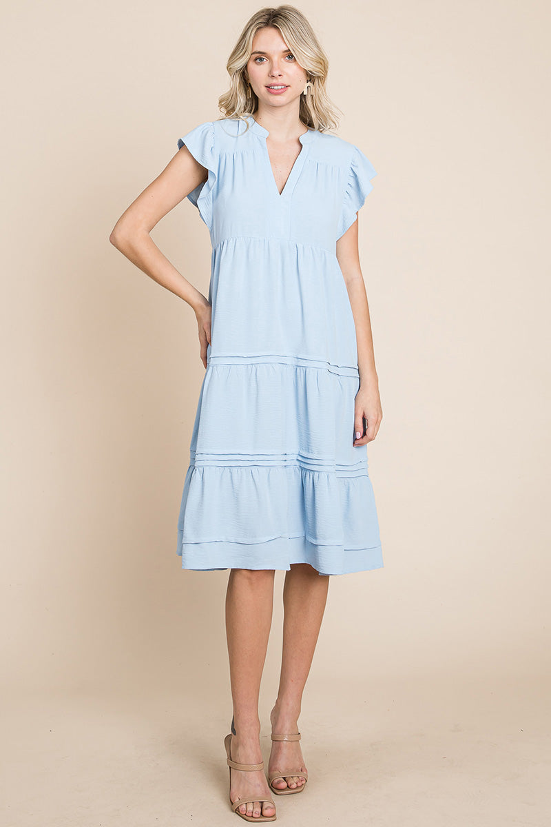 V Neck Tiered Flutter Sleeve Pleated Midi Dress, S-3X