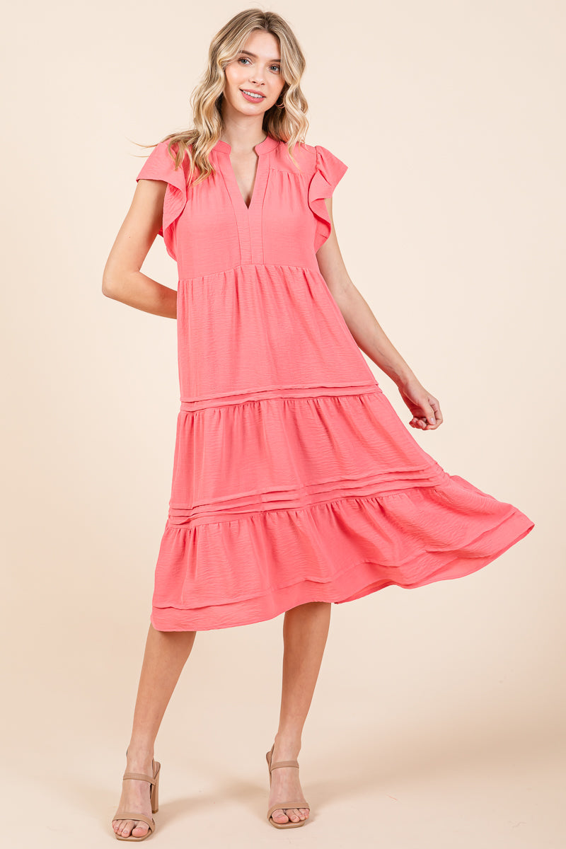 V Neck Tiered Flutter Sleeve Pleated Midi Dress, S-3X