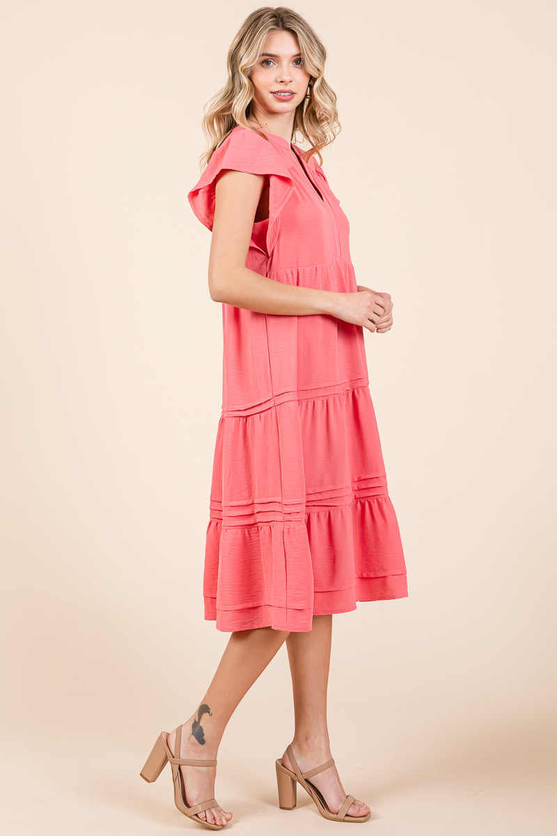 V Neck Tiered Flutter Sleeve Pleated Midi Dress, S-3X