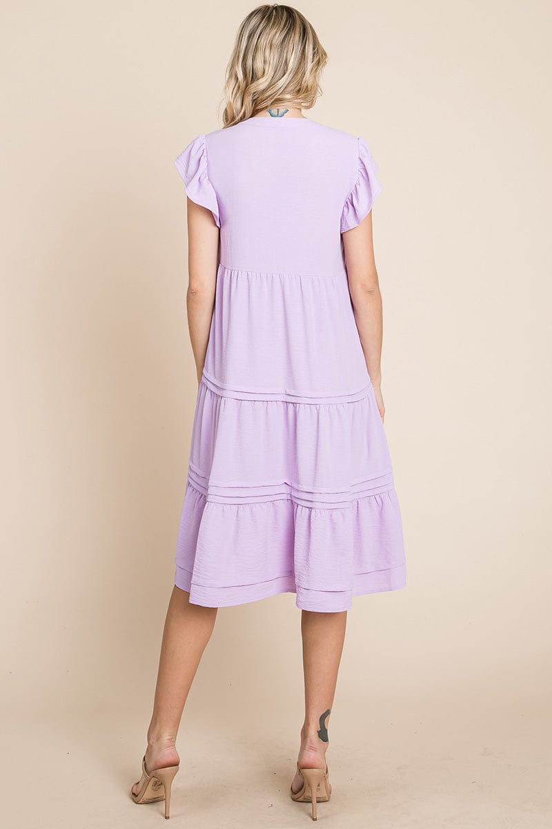 V Neck Tiered Flutter Sleeve Pleated Midi Dress, S-3X