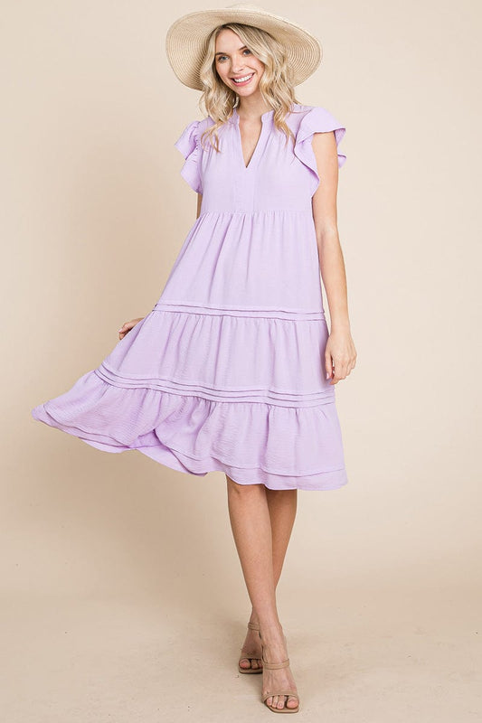 V Neck Tiered Flutter Sleeve Pleated Midi Dress, S-3X