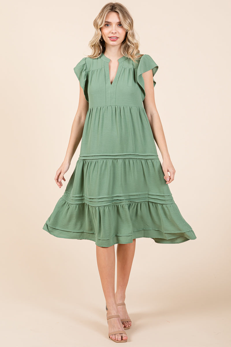 V Neck Tiered Flutter Sleeve Pleated Midi Dress, S-3X