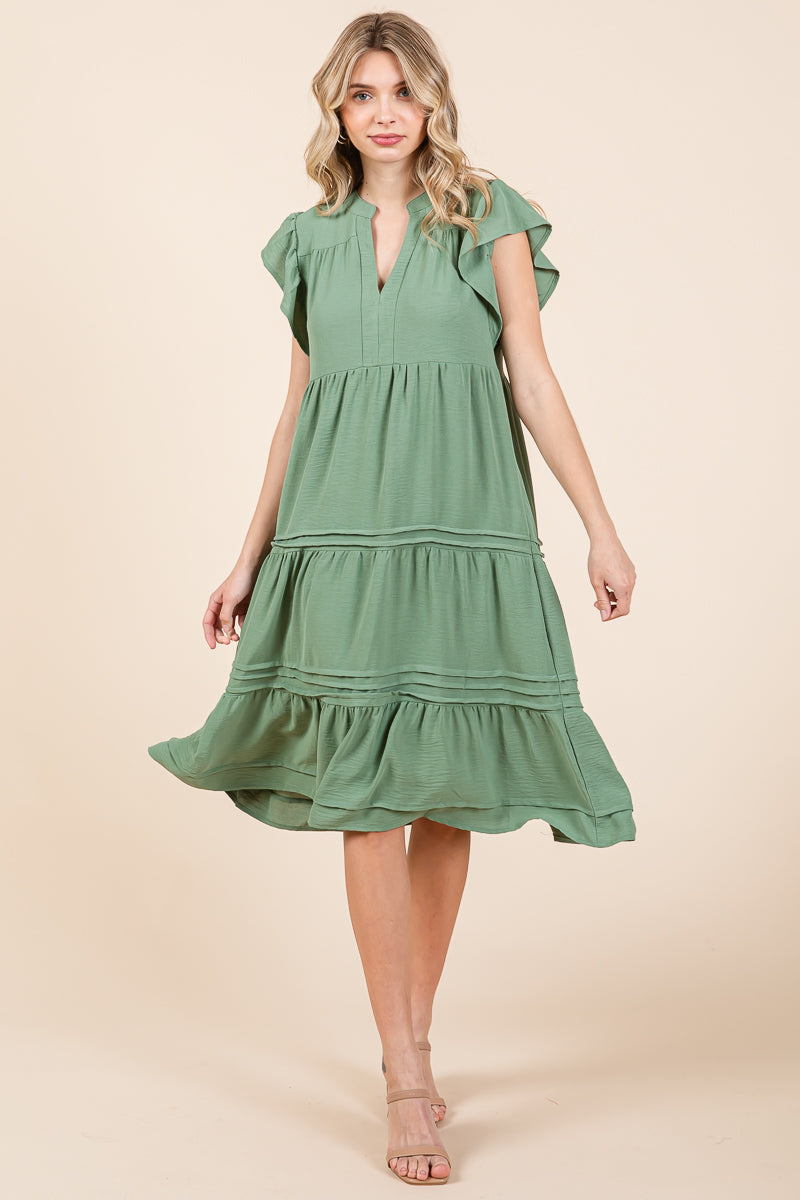 V Neck Tiered Flutter Sleeve Pleated Midi Dress, S-3X