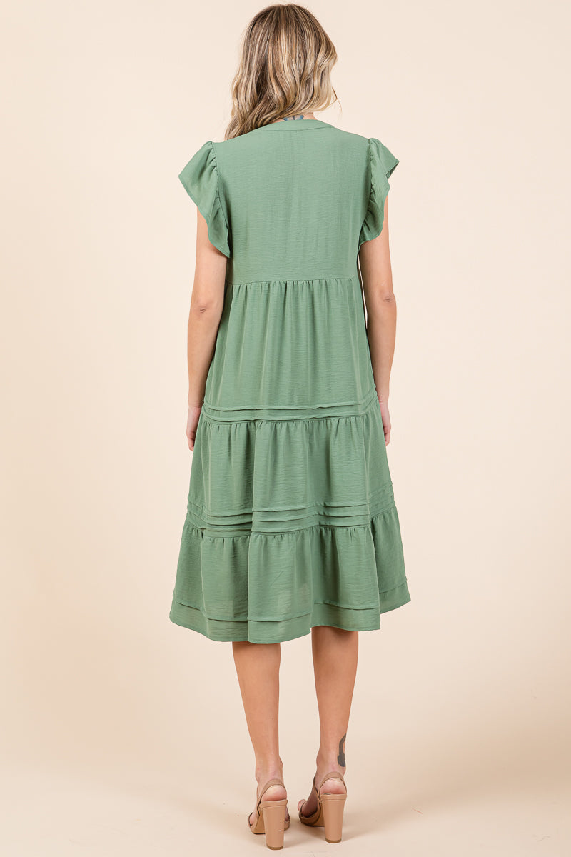 V Neck Tiered Flutter Sleeve Pleated Midi Dress, S-3X