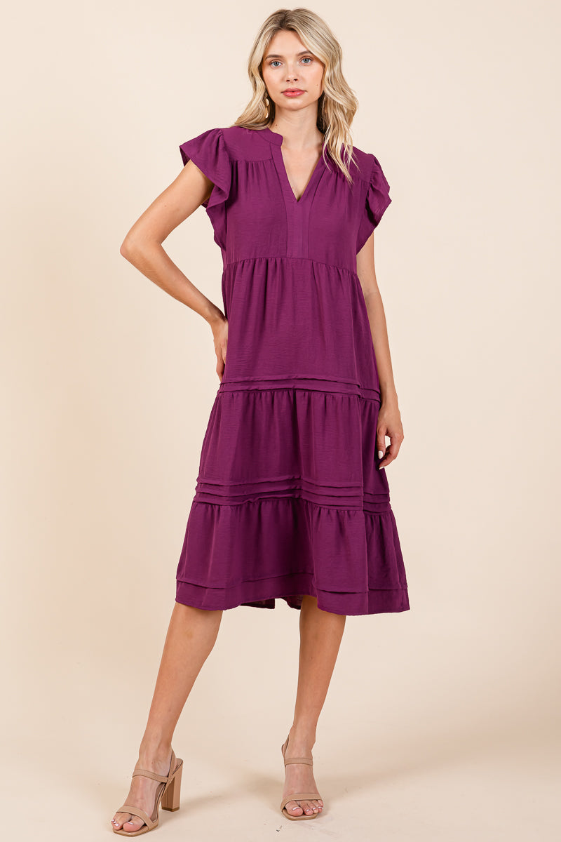 V Neck Tiered Flutter Sleeve Pleated Midi Dress, S-3X