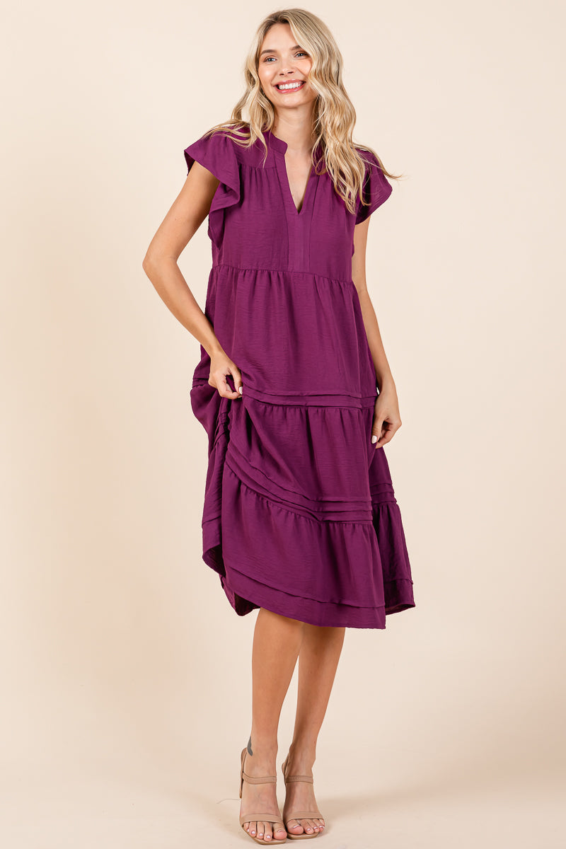 V Neck Tiered Flutter Sleeve Pleated Midi Dress, S-3X