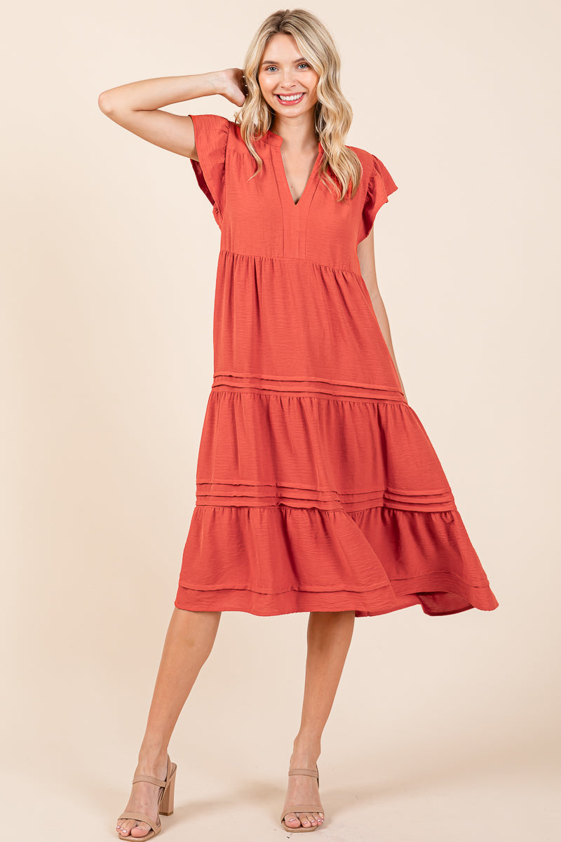 V Neck Tiered Flutter Sleeve Pleated Midi Dress, S-3X