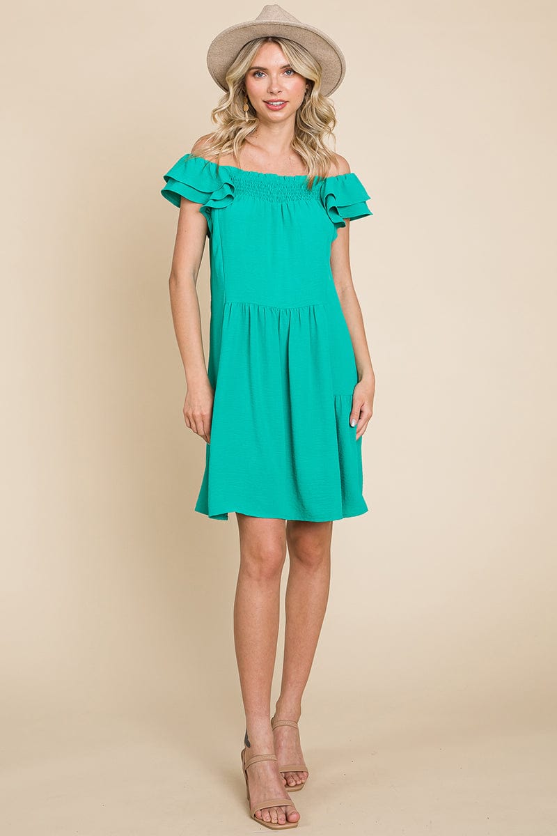 Smocked Ruffle Sleeve Off Shoulder Dress