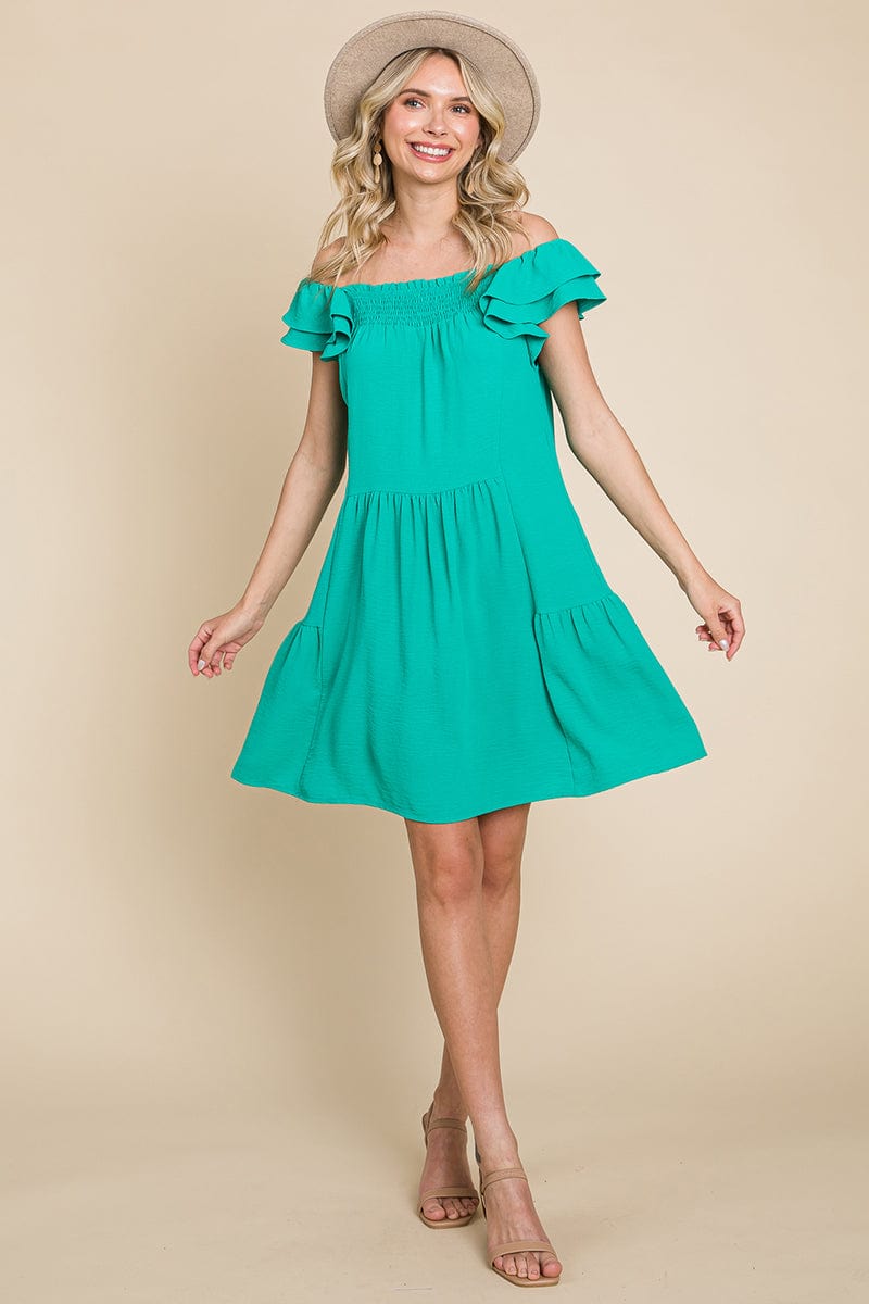 Smocked Ruffle Sleeve Off Shoulder Dress