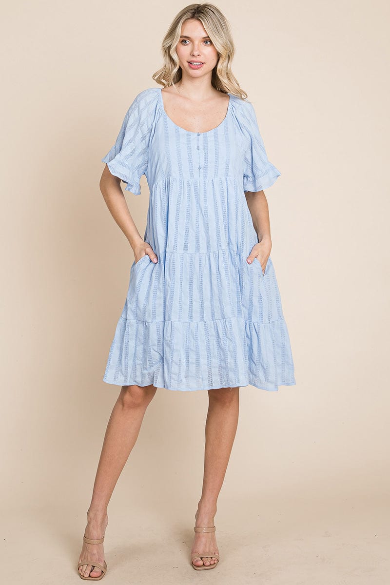 Stripe Textured Tiered Flutter Sleeve Cotton Dress