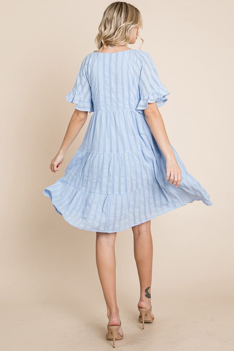 Stripe Textured Tiered Flutter Sleeve Cotton Dress