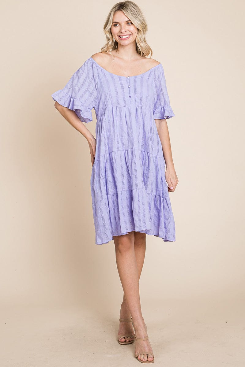 Stripe Textured Tiered Flutter Sleeve Cotton Dress