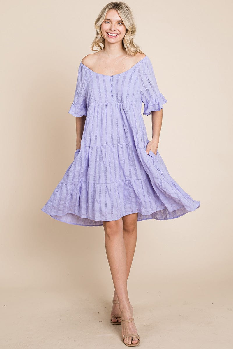 Stripe Textured Tiered Flutter Sleeve Cotton Dress