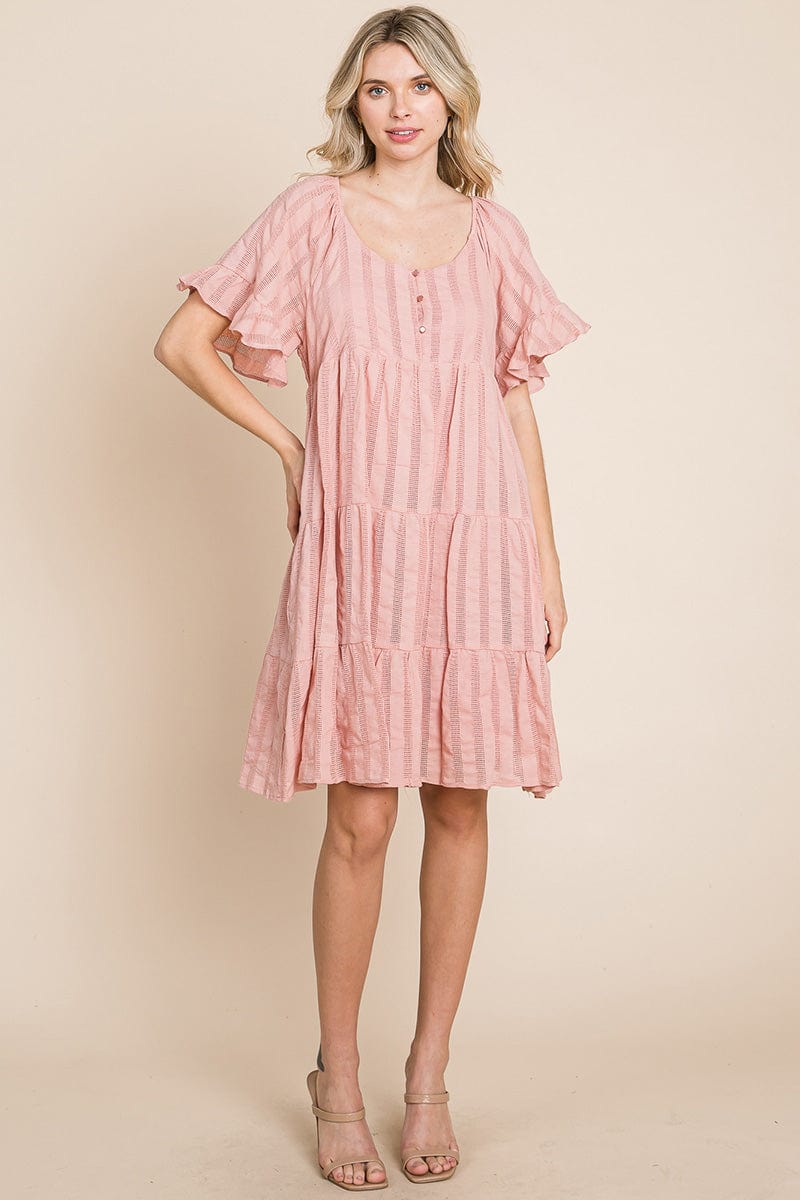 Stripe Textured Tiered Flutter Sleeve Cotton Dress