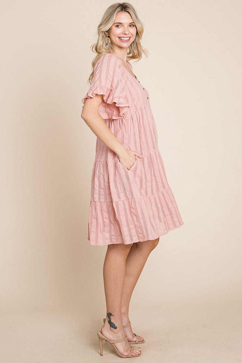 Stripe Textured Tiered Flutter Sleeve Cotton Dress