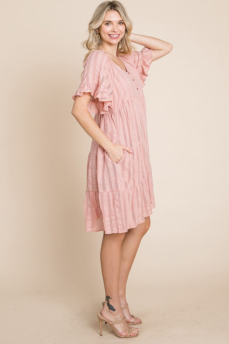 Stripe Textured Tiered Flutter Sleeve Cotton Dress