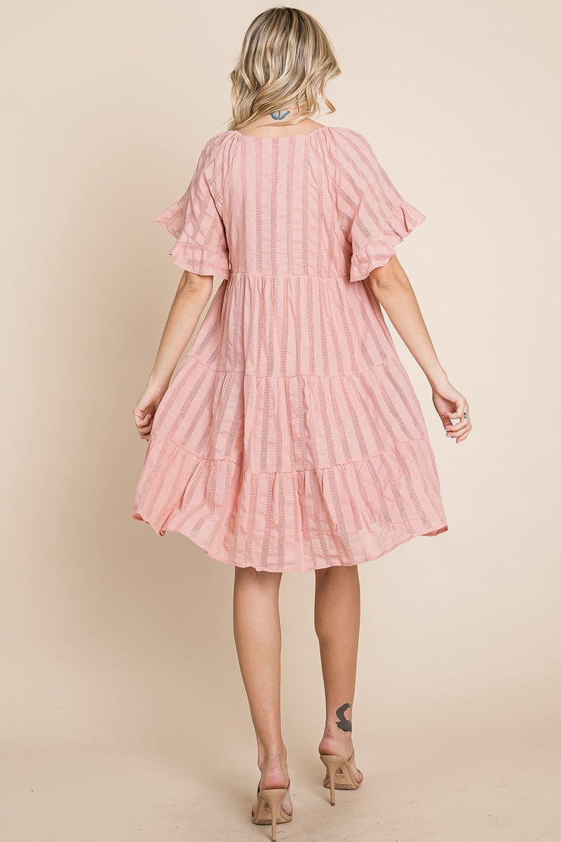 Stripe Textured Tiered Flutter Sleeve Cotton Dress