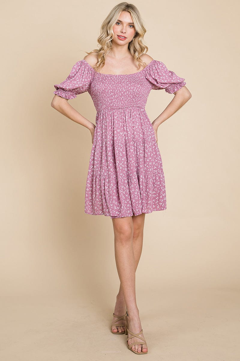 Smocked Floral Puff Short Sleeve Tiered Dress