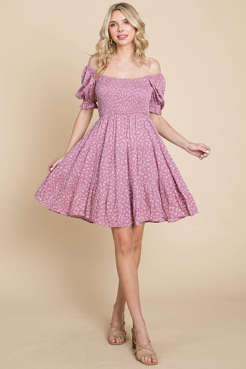 Smocked Floral Puff Short Sleeve Tiered Dress